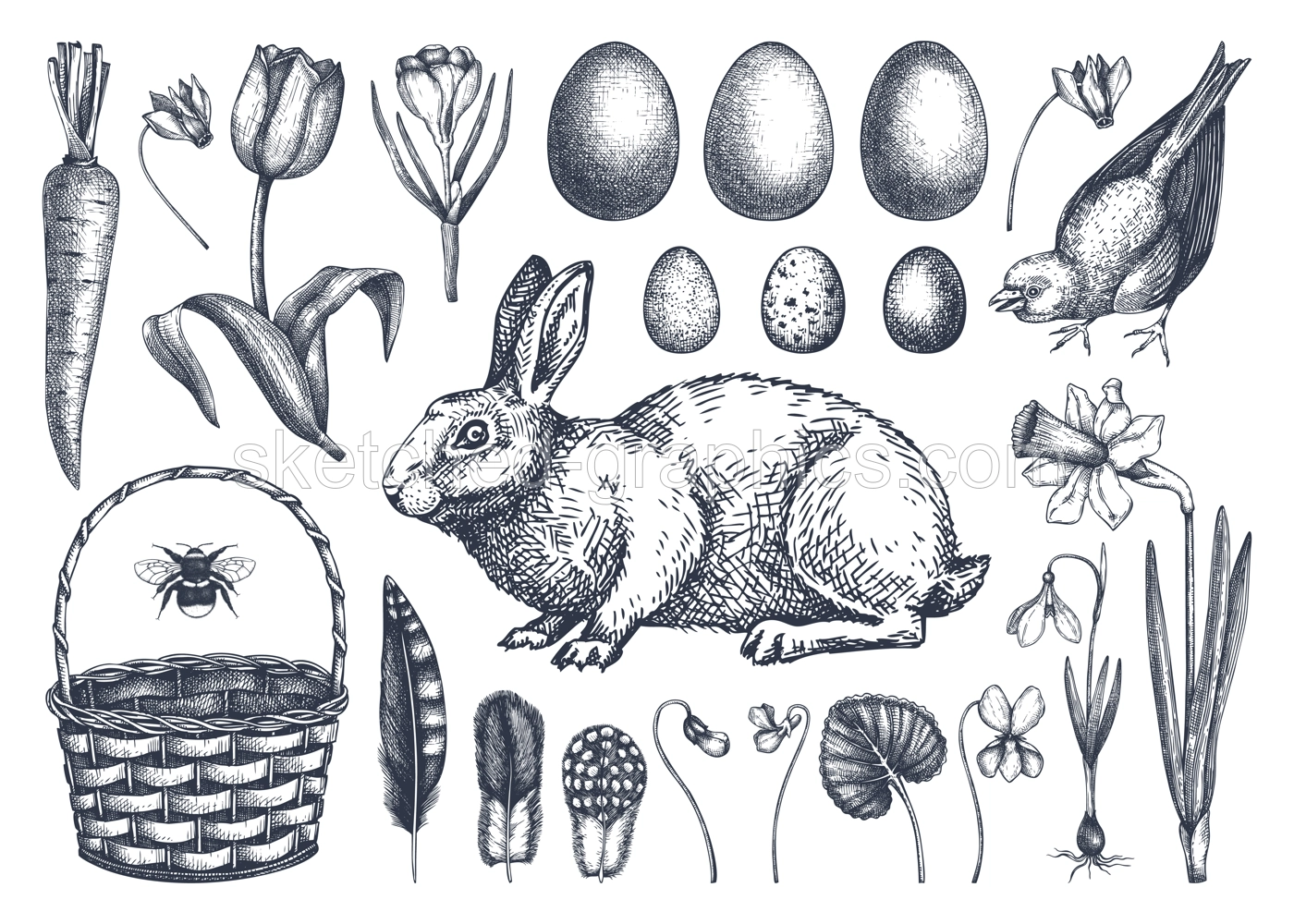 Easter design elements collection. Spring flowers, eggs and rabbit hand-drawings. Hand-sketched spring plants, birds and animals illustrations. Vector Easter sketches set Illustration